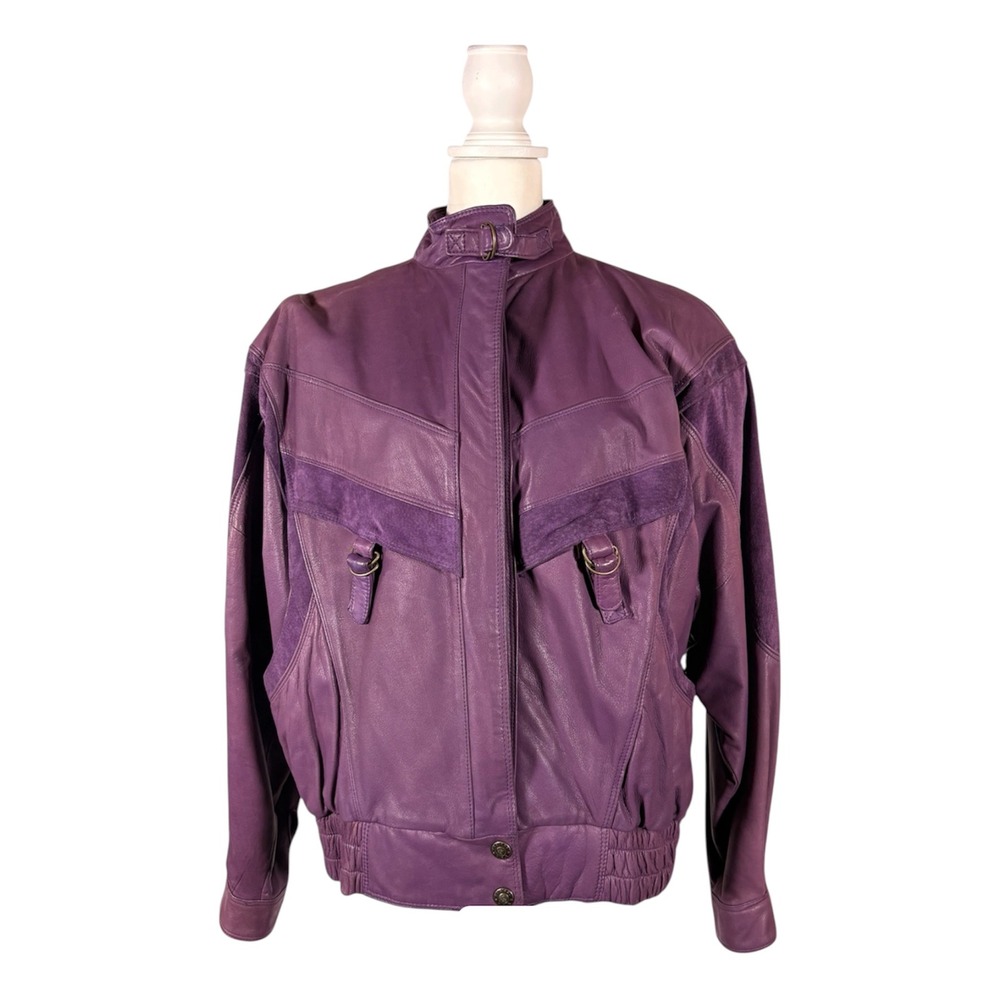 Vintage 80s Purple Leather Bomber Jacket Club Kid Reto New Wave Post Punk Party